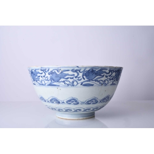 60 - A Chinese blue and white bowl, Ming Dynasty Of deep rounded form and decorated with a band of horses... 