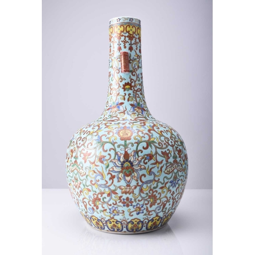 68 - A Chinese famille rose vase, tianqiuping, Jiaqing seal mark but late 19th century Of bottle form, th... 