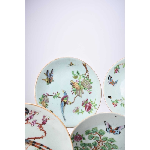 69 - Nine Chinese celadon famille rose dishes, Qing Dynasty, 19th century Of plain circular form, each pa... 