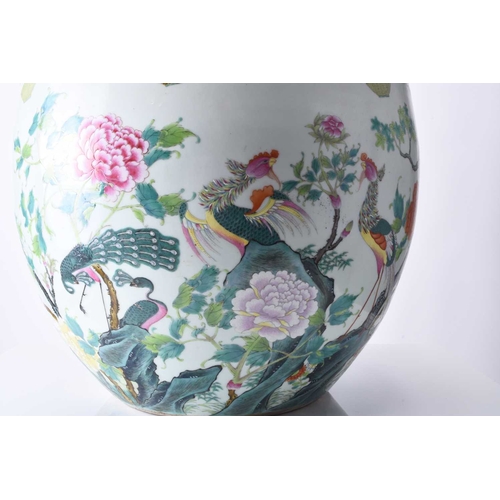 72 - A good Chinese famille rose fish bowl, 18th century Of ovoid form with everted rim, finely painted i... 