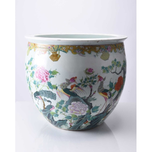 72 - A good Chinese famille rose fish bowl, 18th century Of ovoid form with everted rim, finely painted i... 