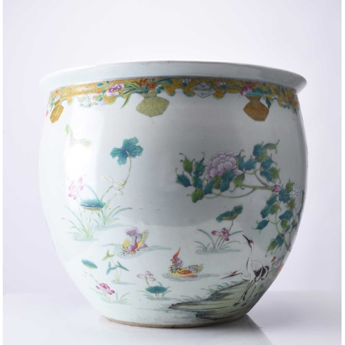 72 - A good Chinese famille rose fish bowl, 18th century Of ovoid form with everted rim, finely painted i... 