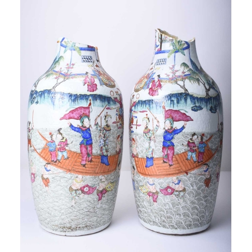 73 - A pair of large Chinese famille rose vases, 19th century Of ovoid form, decorated with opposing scen... 