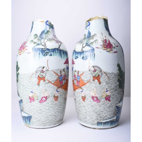 73 - A pair of large Chinese famille rose vases, 19th century Of ovoid form, decorated with opposing scen... 