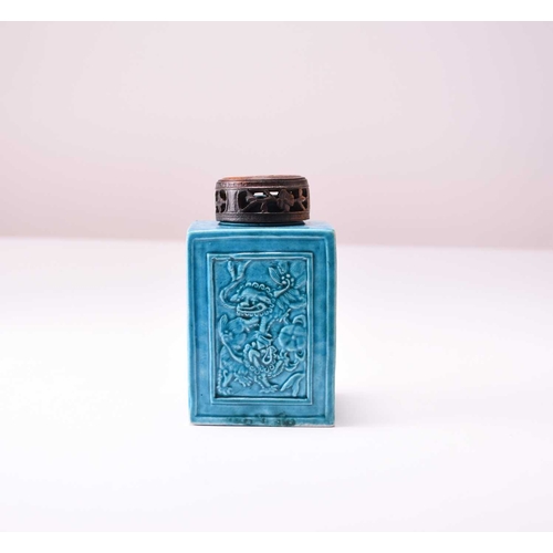 41A - A Chinese Fahua turquoise glazed tea caddy, probably Qianlong Of cuboid form and moulded to each sid... 