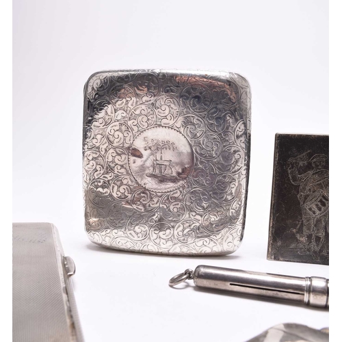 14 - An engine turned silver cigarette case, Frederick Field, Birmingham 1937, together with a further si... 
