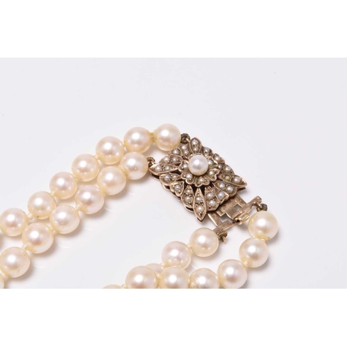 222 - A two strand cultured pearl necklace with 9ct gold pearl set clasp, 36cm long, together with a cultu... 