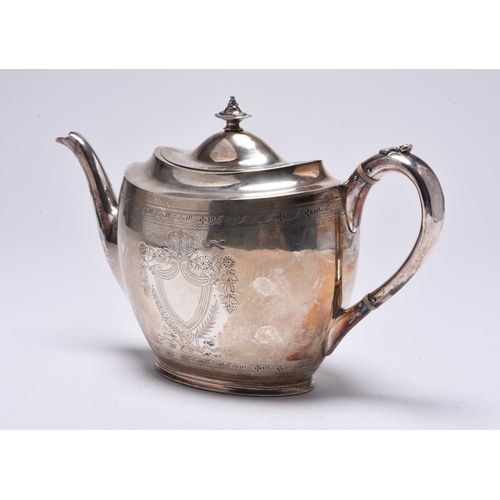 28 - A Victorian silver teapot, James Dixon & Sons Ltd, Sheffield 1891, of navette form with bright cut e... 