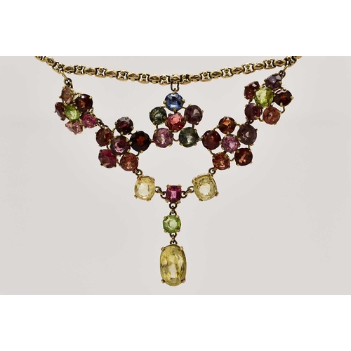 368 - A multi-gem set stylised fringe necklace, designed as five round mixed cut stone floral clusters sus... 