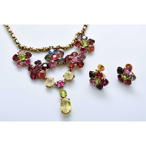 368 - A multi-gem set stylised fringe necklace, designed as five round mixed cut stone floral clusters sus... 