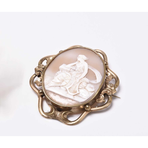 380 - An oval shell cameo brooch, depicting the profile of a classical female, mounted in yellow metal, st... 