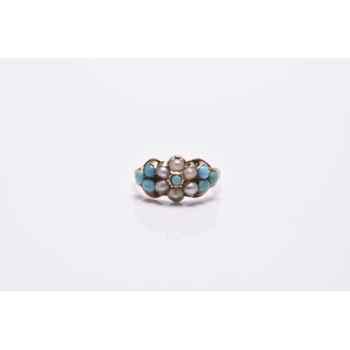 389 - A late 19th / early 20th century turquoise and seed pearl heart shaped pendant, the reverse with gla... 