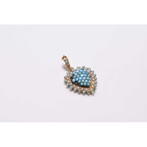 389 - A late 19th / early 20th century turquoise and seed pearl heart shaped pendant, the reverse with gla... 