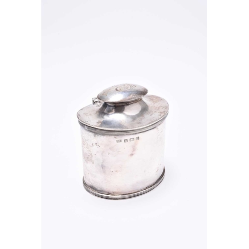 56 - A silver tea caddy, George Unite, Birmingham 1919, of oval form with reeded borders, the hinged cove... 