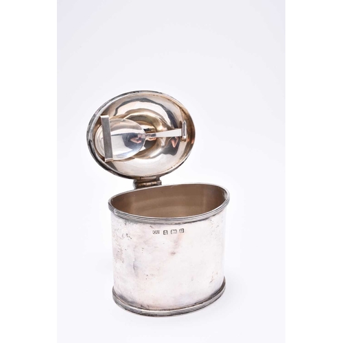 56 - A silver tea caddy, George Unite, Birmingham 1919, of oval form with reeded borders, the hinged cove... 