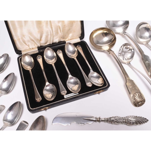 60 - A collection of silver flatware, to include; a pair of George IV Shell and Fiddle pattern sauce ladl... 