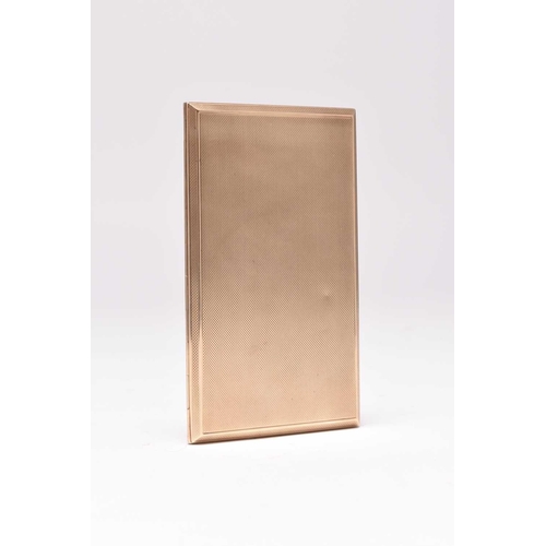 13 - A 9ct gold cigarette case, of rectangular engine turned form with slide mechanism, hallmarked London... 