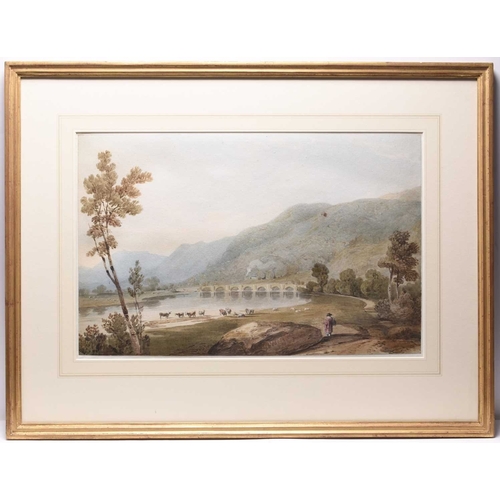 130 - John Varley (1778-1842) A Bridge on the Dovey, Near Machynlleth, watercolour, 29 x 45 cm, frame 49 x... 