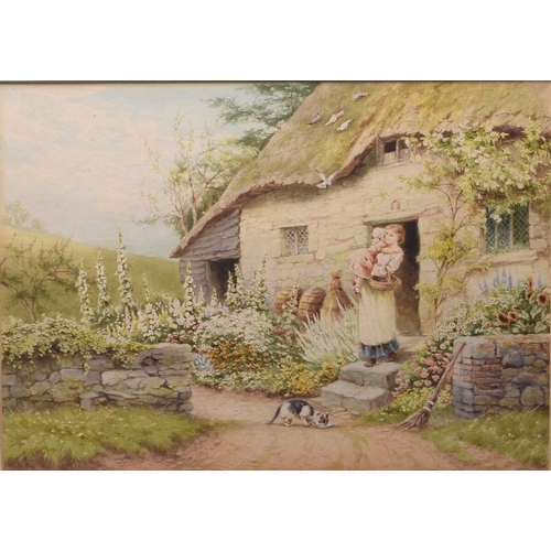 138 - Helen Allingham (1848-1926) Mother Carrying her Daughter down the Steps of a Thatched Cottage, with ... 