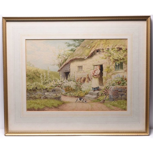 138 - Helen Allingham (1848-1926) Mother Carrying her Daughter down the Steps of a Thatched Cottage, with ... 