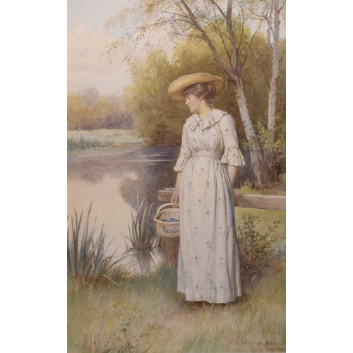 145 - Charles Edward Wilson (1854-1941) Lady out walking along the riverside, signed and dated 1901 lower ... 