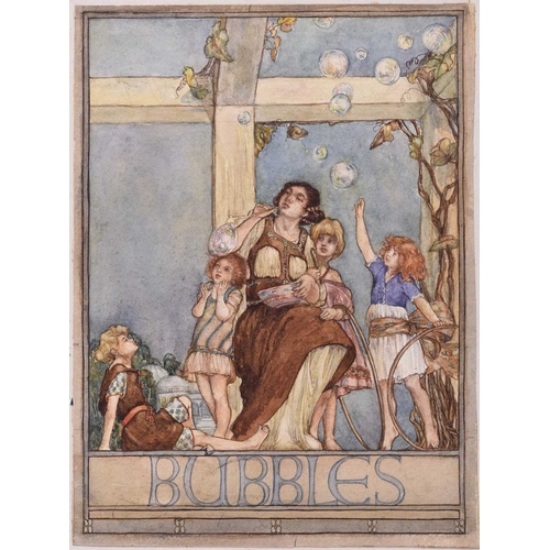146 - Margaret Rice Oxley (1887-1965) Bubbles, a lady blowing bubbles from a clay pipe to entertain four c... 