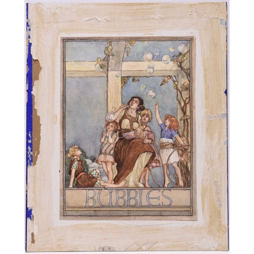 146 - Margaret Rice Oxley (1887-1965) Bubbles, a lady blowing bubbles from a clay pipe to entertain four c... 