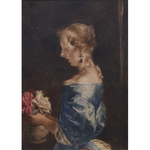152 - William John Wainwright (1855-1931) Lady in a Blue Dress Arranging Flowers in a Vase, monogrammed up... 