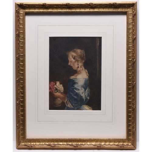 152 - William John Wainwright (1855-1931) Lady in a Blue Dress Arranging Flowers in a Vase, monogrammed up... 