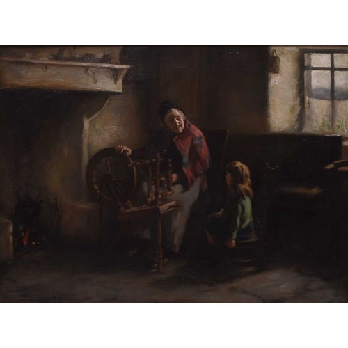 157 - Henry Raeburn Dobson (1901-1985) Interior Scene, Spinning Wool before the Fireplace, signed indistin... 