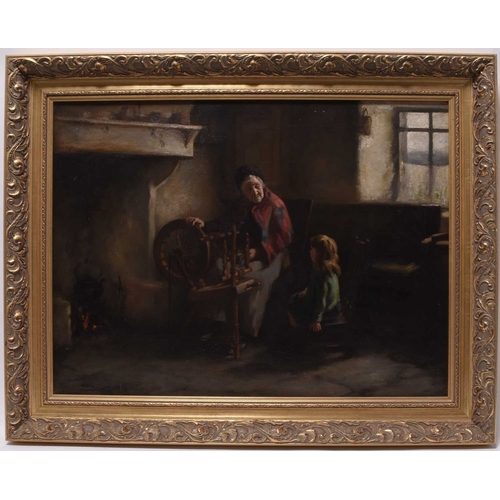 157 - Henry Raeburn Dobson (1901-1985) Interior Scene, Spinning Wool before the Fireplace, signed indistin... 