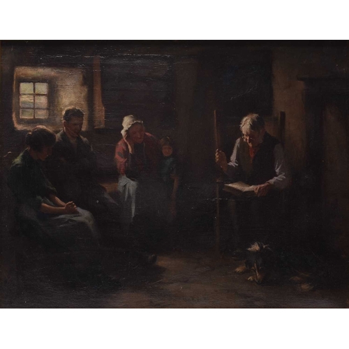 159 - Henry Raeburn Dobson (1901-1985) Interior Scene, Family Bible Reading, signed lower right, oil on ca... 