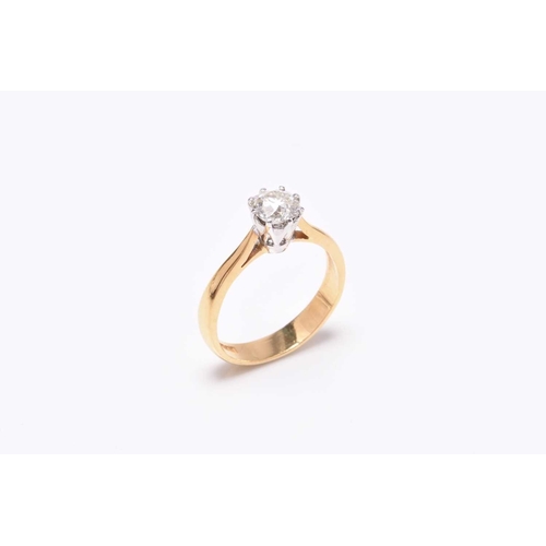16 - A 22ct gold single stone diamond ring, the old cut diamond claw set in white gold to yellow gold sha... 