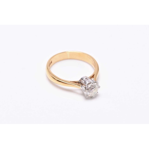 16 - A 22ct gold single stone diamond ring, the old cut diamond claw set in white gold to yellow gold sha... 
