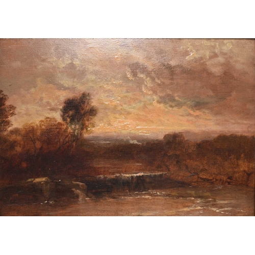 171 - James Webb (1825-1895) The Weir at Sunset, signed lower right, oil on board, 20 x 27 cm, frame 37 x ... 