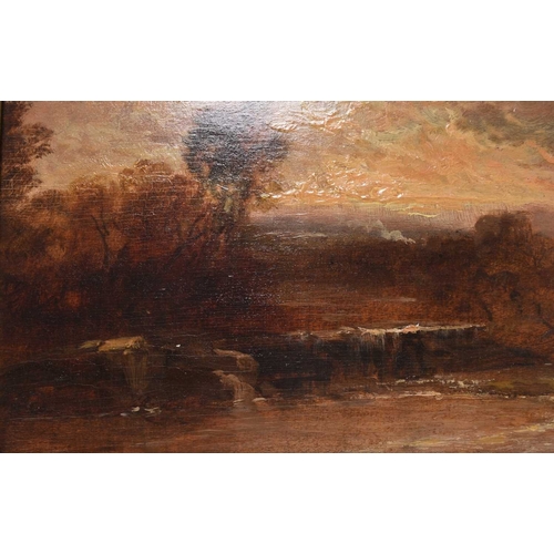 171 - James Webb (1825-1895) The Weir at Sunset, signed lower right, oil on board, 20 x 27 cm, frame 37 x ... 