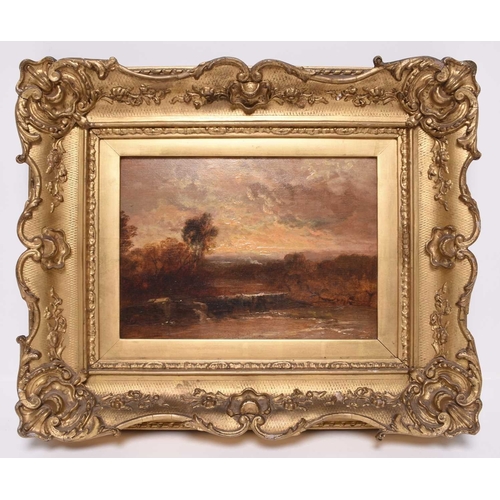 171 - James Webb (1825-1895) The Weir at Sunset, signed lower right, oil on board, 20 x 27 cm, frame 37 x ... 