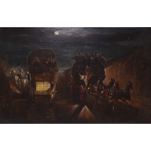 172 - Charles Cooper Henderson (1803 - 1877) York and London Coaches Passing at Night, oil on canvas, 30 x... 