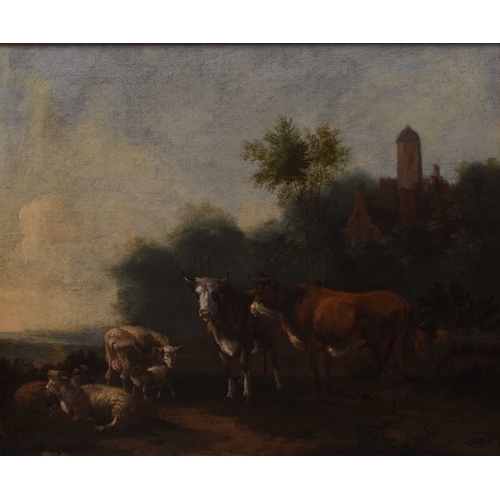 173 - Albert Klomp (Amsterdam c.1618 - 1688) Cattle and Sheep in a Landscape, with town buildings beyond, ... 