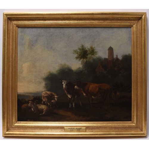 173 - Albert Klomp (Amsterdam c.1618 - 1688) Cattle and Sheep in a Landscape, with town buildings beyond, ... 