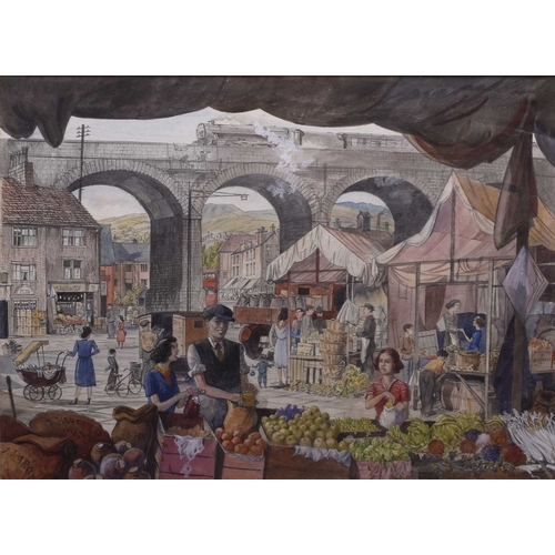 177 - Frederick Cecil Jones RBA (1891-1956) Market Day in a Pennine Town, Todmorden, titled verso, pencil ... 