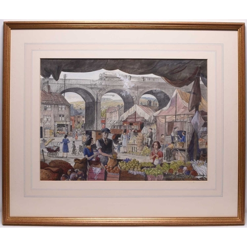177 - Frederick Cecil Jones RBA (1891-1956) Market Day in a Pennine Town, Todmorden, titled verso, pencil ... 