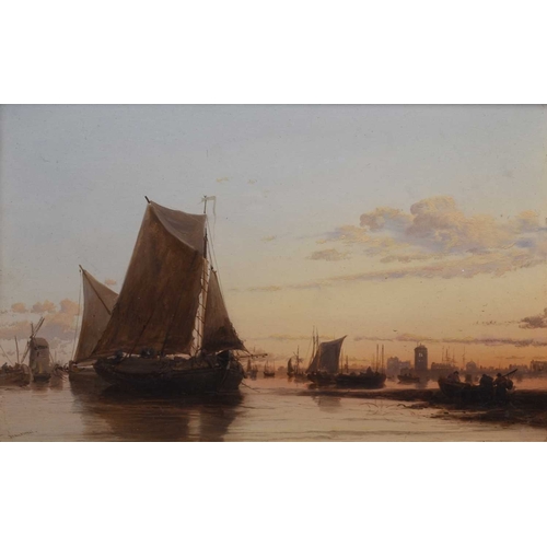 180 - James Webb (1825-1895) Shipping at Sunset, signed lower left, oil on panel, 23 x 36 cm, frame 52 x 6... 