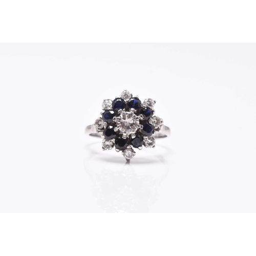 26 - A sapphire and diamond circular cluster ring, designed as a central brilliant cut diamond claw set w... 