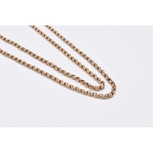57 - A yellow metal guard chain, with attached swivel stamped '9c', 128cm long, weight approx 29.3g