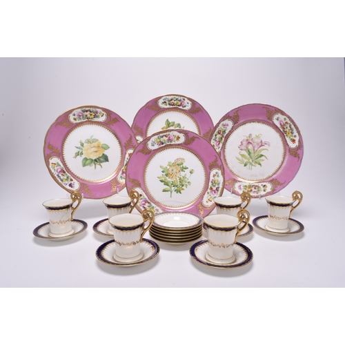 12 - Four Coalport cabinet plates, circa 1860, pink-bordered with three painted panels of fruit, centrall... 