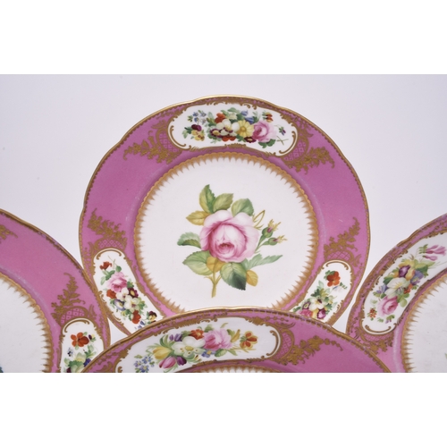 12 - Four Coalport cabinet plates, circa 1860, pink-bordered with three painted panels of fruit, centrall... 