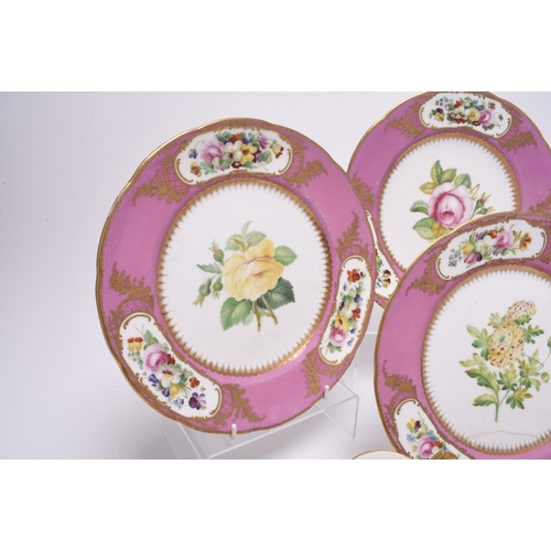 12 - Four Coalport cabinet plates, circa 1860, pink-bordered with three painted panels of fruit, centrall... 