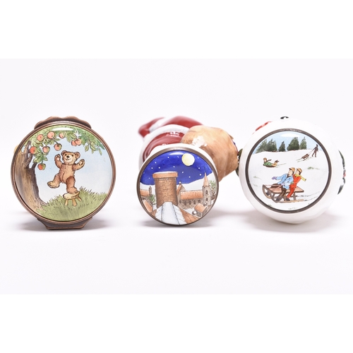 130 - Three Halcyon Days enamel bonbonnieres; comprising Father Christmas, a snowman and a teddy bear, eac... 