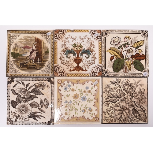 20 - A collection of English tiles, late 19th and early century, including an In Memorium tile inscribed ... 